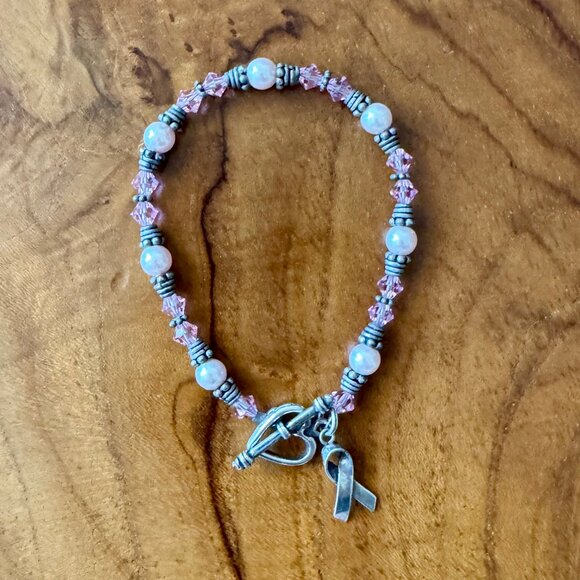 Sterling Silver + Pink Bead Breast Cancer Awareness Bracelet - Picture 1 of 8